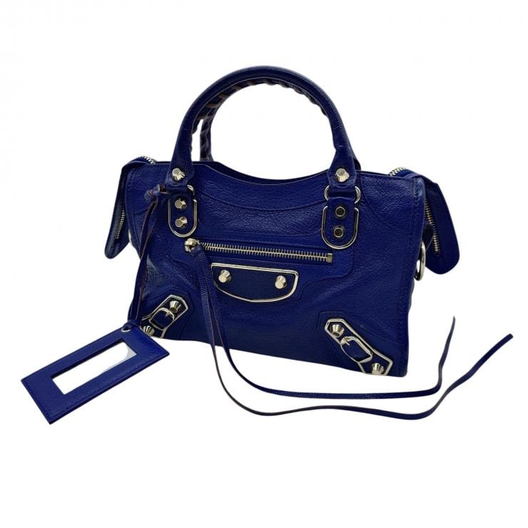 BALENCIAGA バレンシアガ ミニシティ ハンドバッグ Le Citiy クラシック ゴールドアクセント ブルー系 レザーショルダー レディース ★美品★