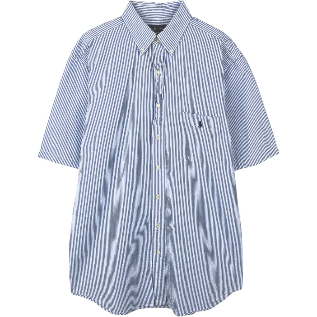 古着 ラルフローレン Ralph Lauren SEERSUCKER シアサッカー 半袖 ボタンダウン ストライプシャツ メンズL相当/eaa665064