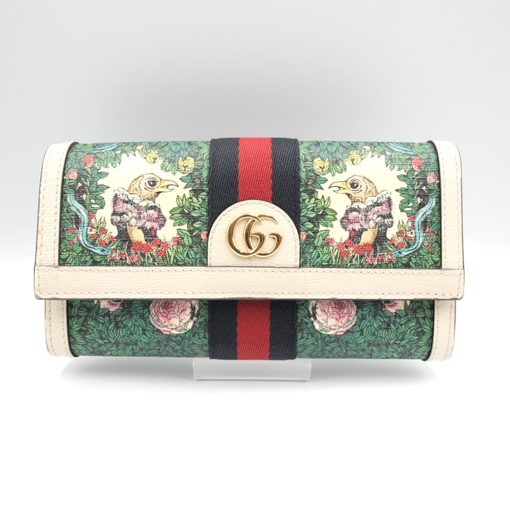 GUCCI(グッチ)ヒグチユウコ オフィディア GG コンチネンタルウォレット 日本限定 長財布 アニマル プリント GGスプリーム グリーン ホワイト ゴールド金具 523153【中古】