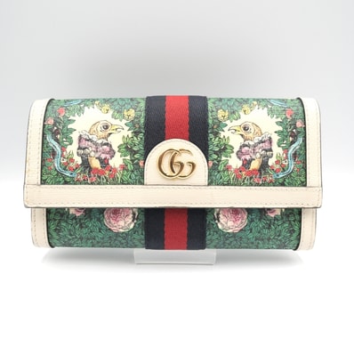 GUCCI(グッチ)ヒグチユウコ オフィディア GG コンチネンタルウォレット 日本限定 長財布 アニマル プリント GGスプリーム グリーン ホワイト ゴールド金具 523153【中古】