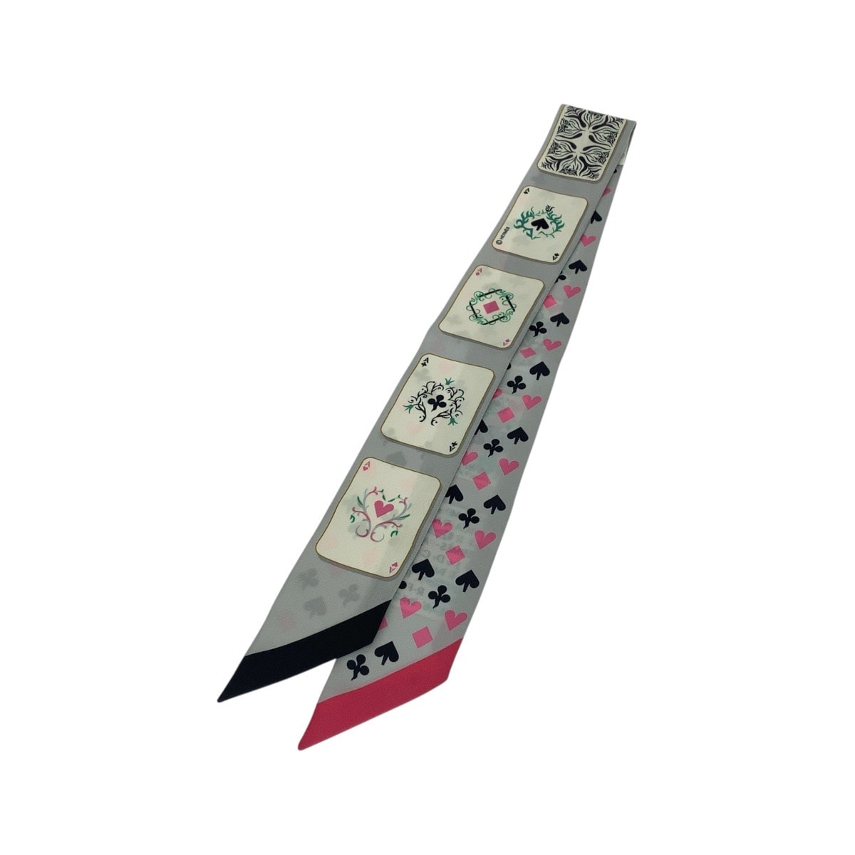 美品 HERMES エルメス ジュド カルト ツイリー グレー ピンク シルク スカーフ リボンスカーフ 506113 【中古】