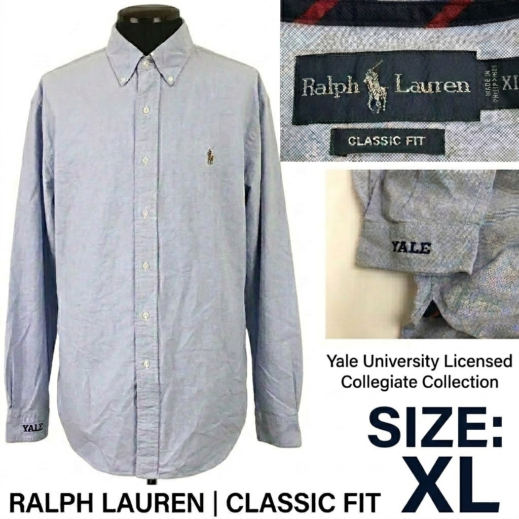 90s-00s/Vintage★RALPH LAUREN/ラルフローレン★Yale University/イェール大学公認/長袖ドレスシャツ【メンズXL/blue/青】ボタンダウン/ポニー/オックスフォード/tops/shirt◆sBH937
