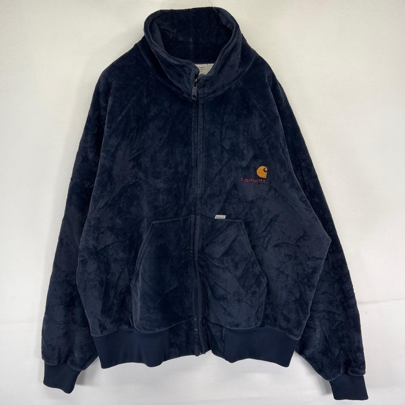 古着 80's/80年代 ヴィンテージ カーハート Carhartt USA製 ジャケット ベロア フルジップ ワンポイント刺繍ロゴ XL  ネイビー系 メンズ