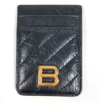バレンシアガ BALENCIAGA Crush マグネットカードホルダー 782132 名刺入れ パスケース magsafe カードケース レザー ブラック 美品