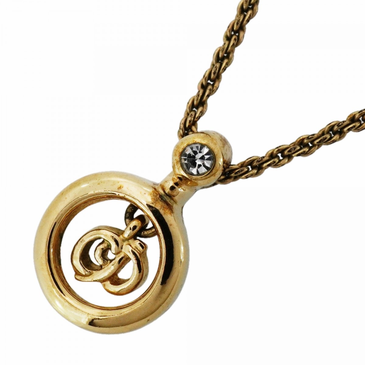 【6jdb0337-k】クリスチャンディオール ネックレス CDロゴ GPメッキ ラインストーン ゴールド【中古】レディース