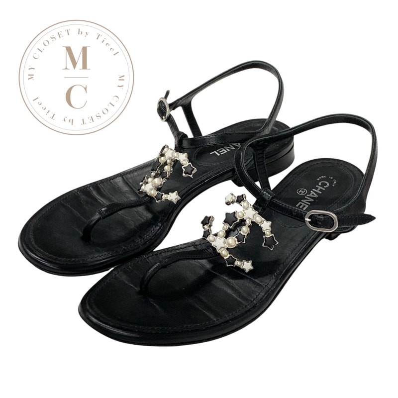 シャネル CHANEL サンダル 靴 シューズ レザー ブラック 黒 シルバー ココマーク スター パール ストラップ トングサンダル