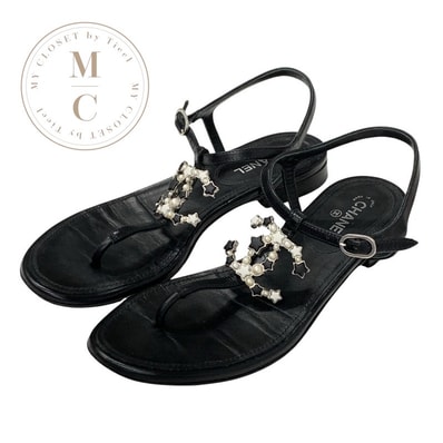 シャネル CHANEL サンダル 靴 シューズ レザー ブラック 黒 シルバー ココマーク スター パール ストラップ トングサンダル