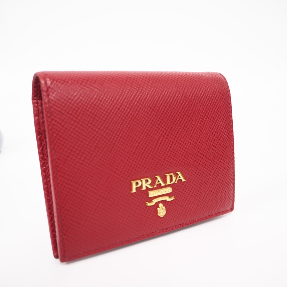 極美品 PRADA プラダ サフィアーノレザー ロゴ 二つ折り財布 1MV204 二つ折り財布 レッド サフィアーノ レディース