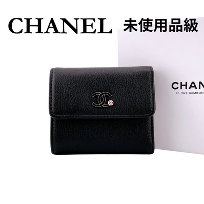 ★シャネル★ 三つ折り財布 札入れ ラムスキン ココマーク ブラック
