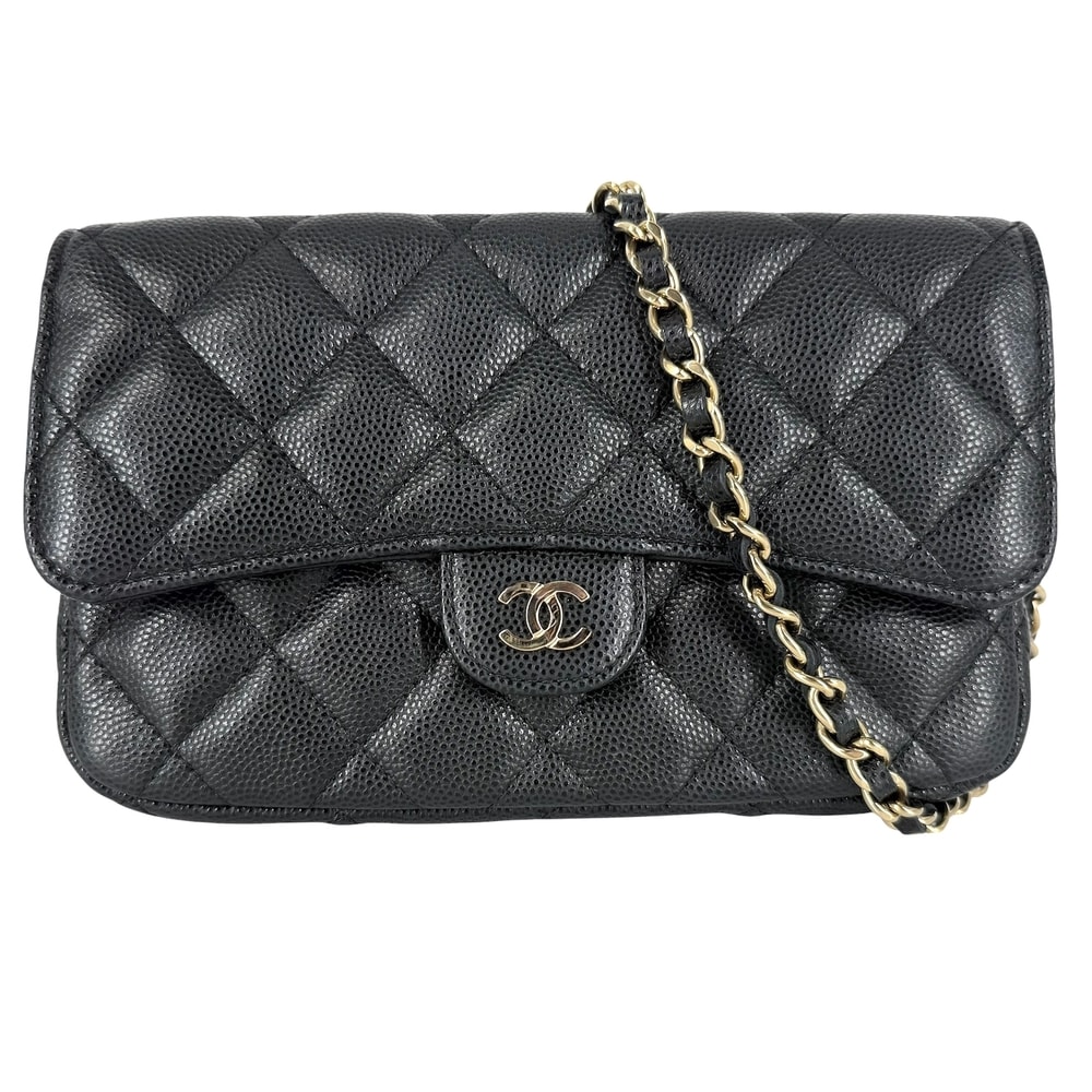 CHANEL シャネル チェーンウォレット マトラッセ フラップフォンケース ミニショルダーバッグ ココマーク 肩掛け 斜め掛け キャビアスキン ブラック 黒 ゴールド金具 レディース 美品【中古品】