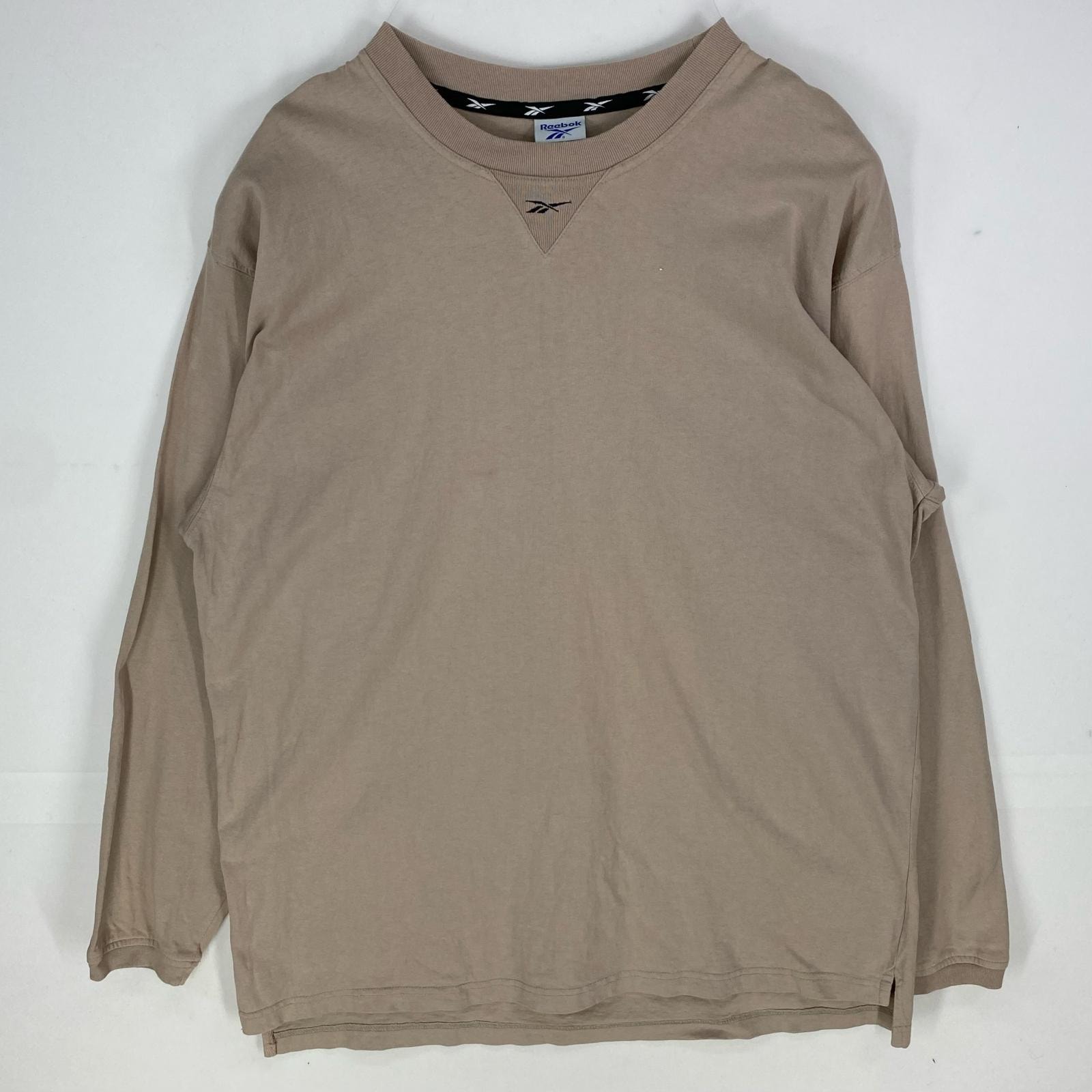 古着 90's/90年代 リーボック Reebok 長袖Tシャツ 前V ワンポイント ロゴ刺繍 ロンT 大きいサイズ 2XL ベージュ系 メンズ