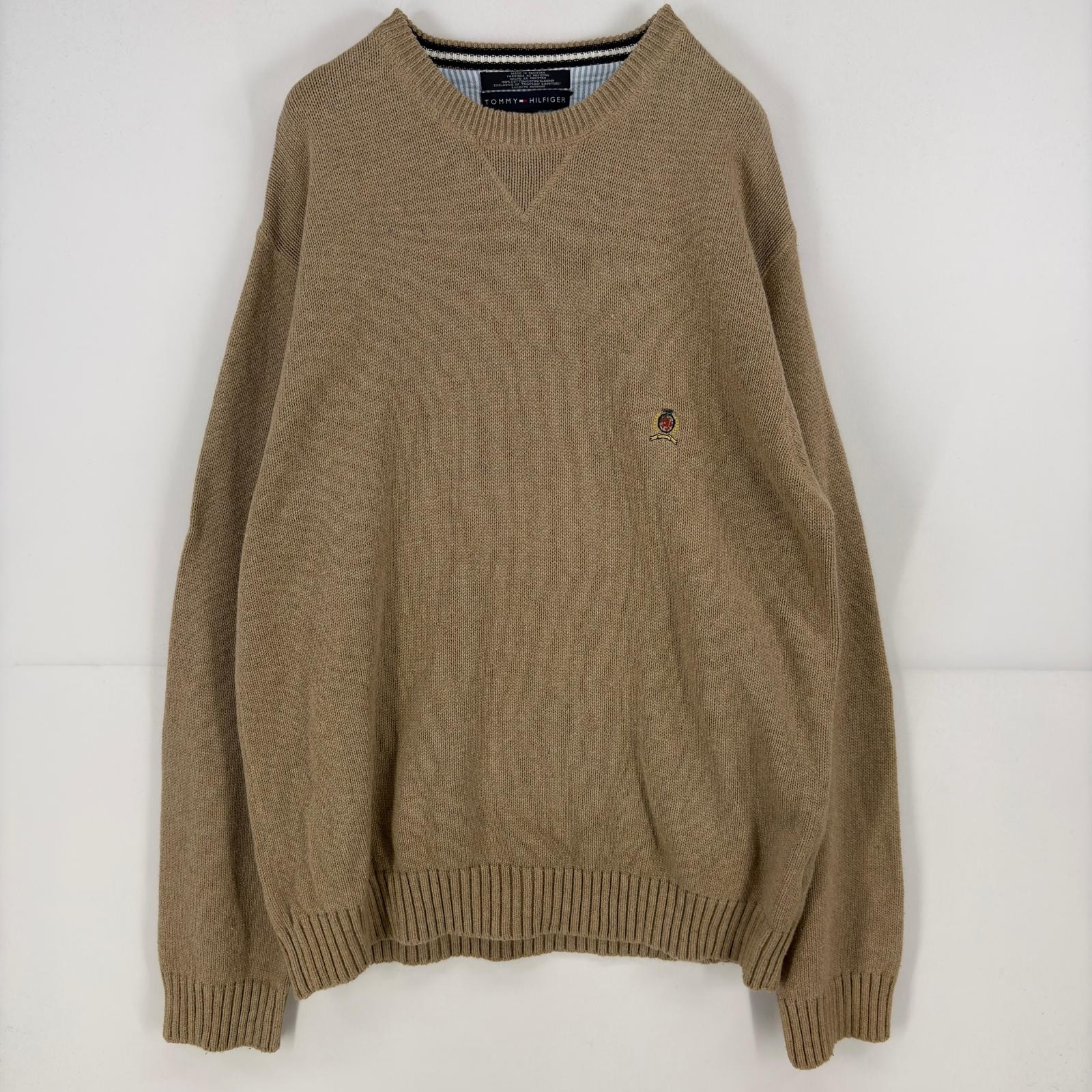 古着 トミーヒルフィガー TOMMY HILFIGER ニット セーター ワンポイント ロゴ 刺繍 クルーネック 大きいサイズ XL  ベージュ メンズ