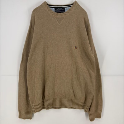 古着 トミーヒルフィガー TOMMY HILFIGER ニット セーター ワンポイント ロゴ 刺繍 クルーネック 大きいサイズ XL ベージュ メンズ