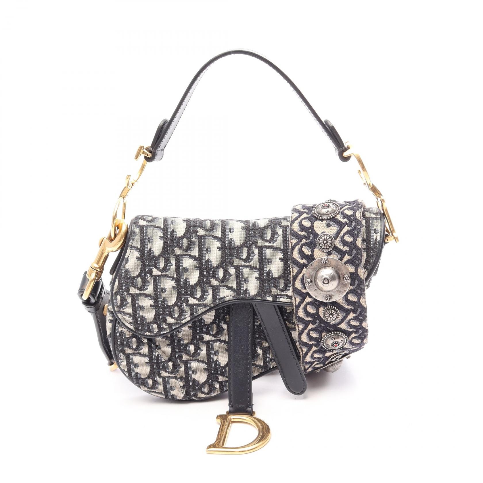 ディオール Dior サドルバッグ ミニ オブリークジャカード 2WAY ハンドバッグ バッグ キャンバス レザー レディース ベージュ系 / ネイビー系 【中古】