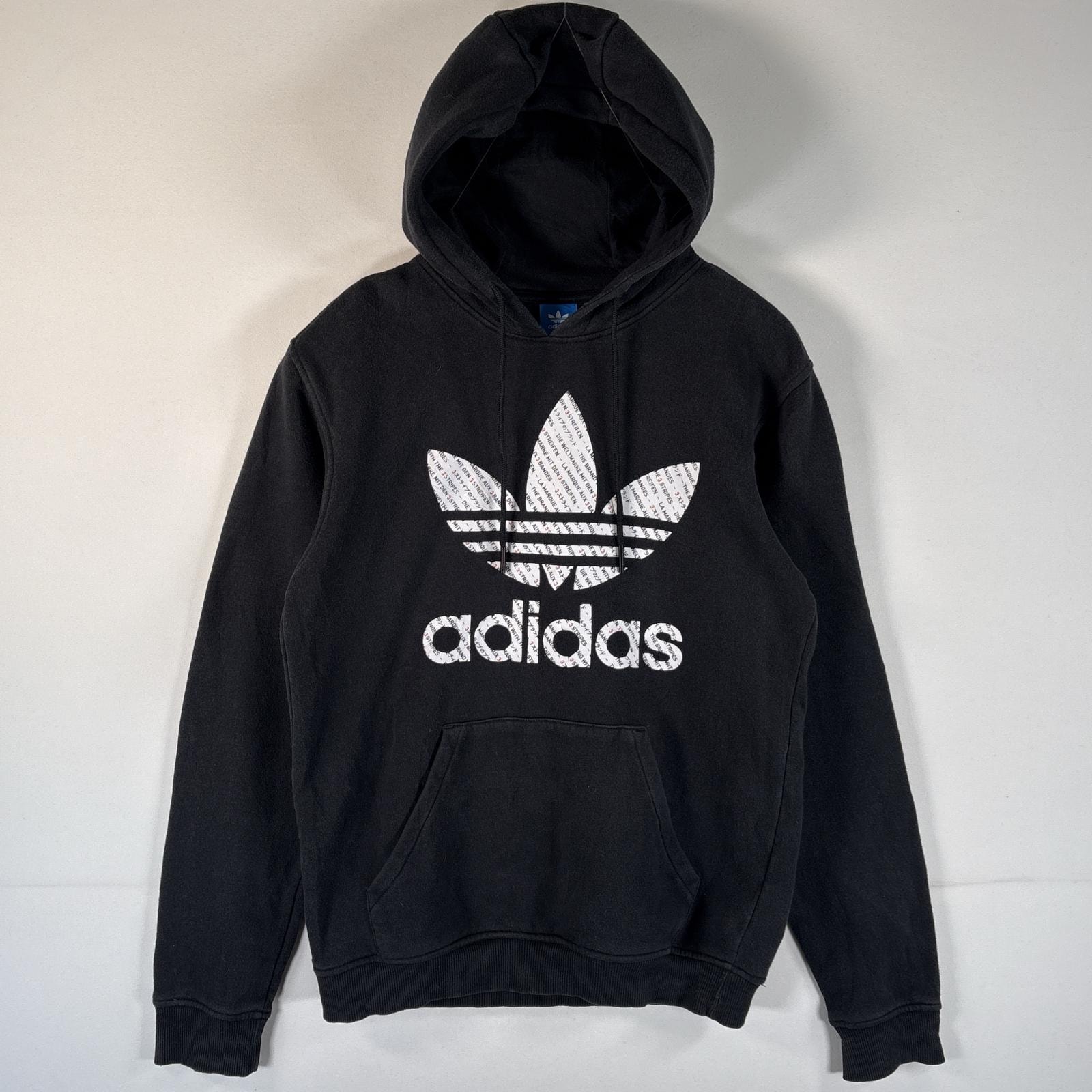 古着 アディダス adidas パーカー トレフォイルロゴ ビッグロゴ プリント プルオーバー フーディ マフポケット M  ブラック メンズ