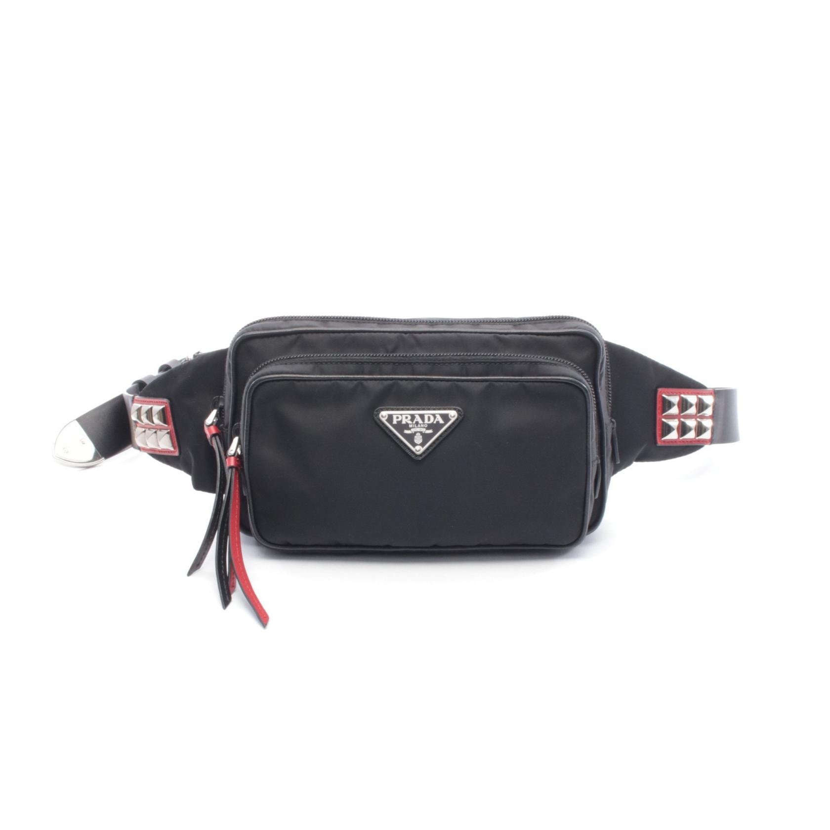 プラダ PRADA スタッズ ベルトバッグ ウエストバッグ ボディバッグ バッグ ナイロン レザー レディース ブラック系 / レッド系 【中古】