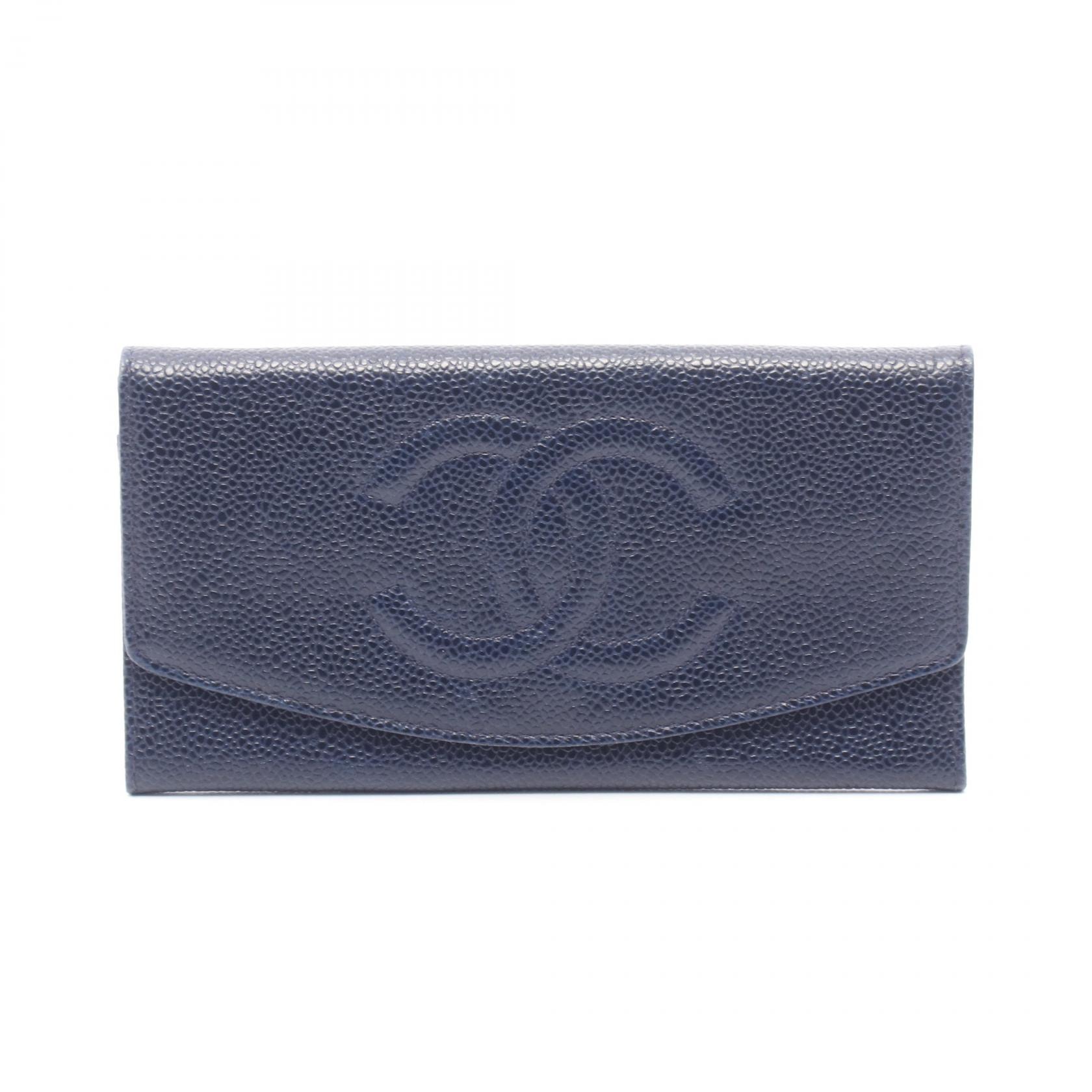 シャネル CHANEL ココマーク 二つ折り長財布 財布 カーフ(牛革) レディース ネイビー系 【中古】