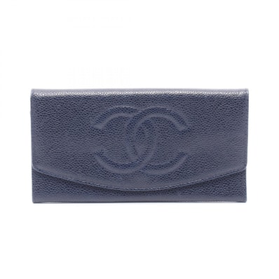 シャネル CHANEL ココマーク 二つ折り長財布 財布 カーフ(牛革) レディース ネイビー系 【中古】