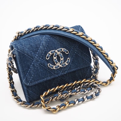 極美品 CHANEL シャネル シャネル19 デニム ミニ チェーンウォレット AP1787 ショルダーバッグ ブルー デニム レザー レディース