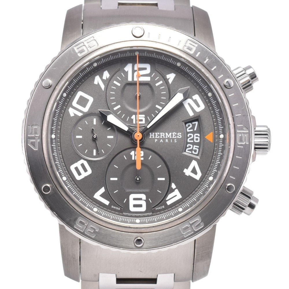 エルメス HERMES CP2.941 クリッパー ダイバー チタン/SS クロノグラフ デイト グレー 自動巻き メンズ 良品 保証書付き 腕時計 D#146202