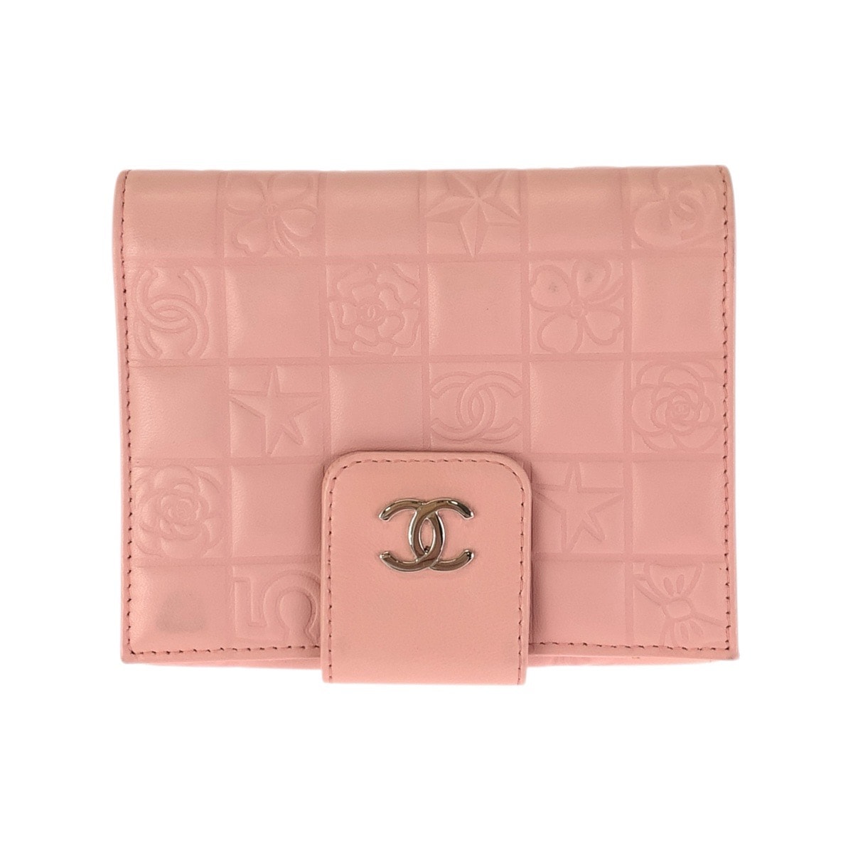 美品 CHANEL シャネル ヴィンテージ アイコン チョコバー ココマーク ピンク シルバー金具 ラムスキン 折財布 コンパクトウォレット 601456 【中古】