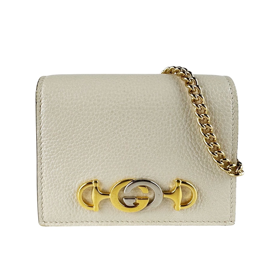 グッチ GUCCI 二つ折り財布 レザー アイボリー ゴールド/シルバー レディース 570660【中古】 z10317