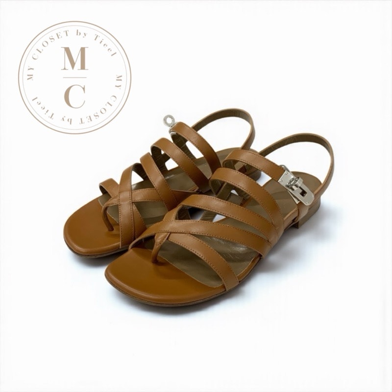 エルメス HERMES サンダル 靴 シューズ レザー ブラウン シルバー ケリー金具 ストラップ フラット