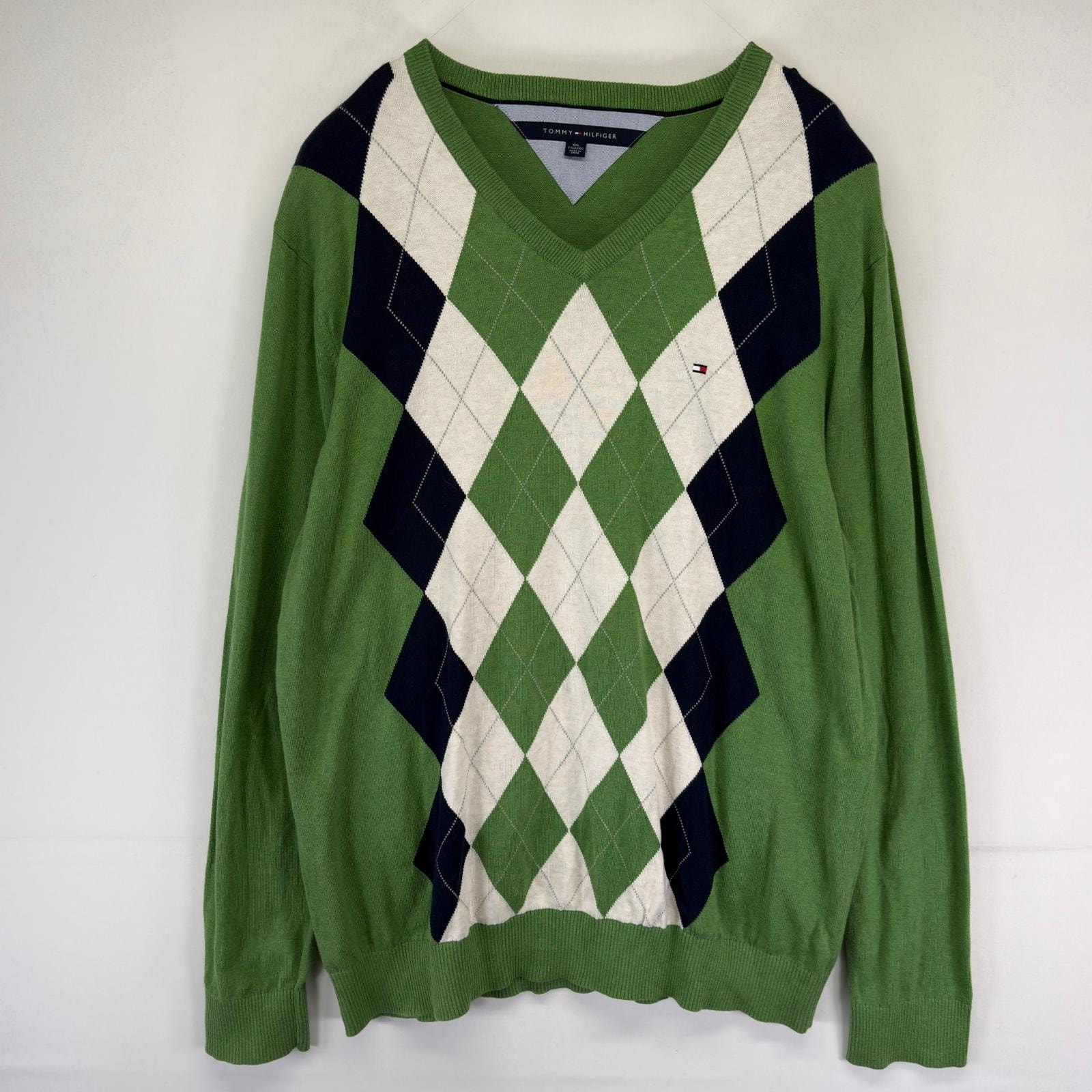 古着 トミーヒルフィガー TOMMY HILFIGER ニット プルオーバー Vネック アーガイル 大きいサイズ 2XL  グリーン系 チェック メンズ