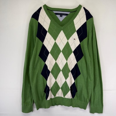 古着 トミーヒルフィガー TOMMY HILFIGER ニット プルオーバー Vネック アーガイル 大きいサイズ 2XL グリーン系 チェック メンズ