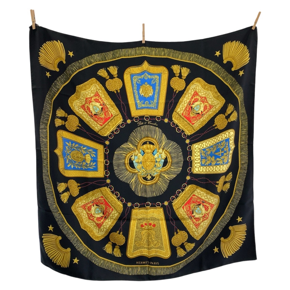 美品 HERMES エルメス Poste et Cavalerie カレ90 ブラック マルチカラー シルク スカーフ 602383 【中古】