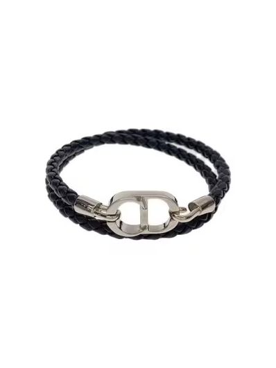 Dior CD Icon Braided Leather Double Bracelet Lambskin and Ruthenium-Finish Brass "Black"