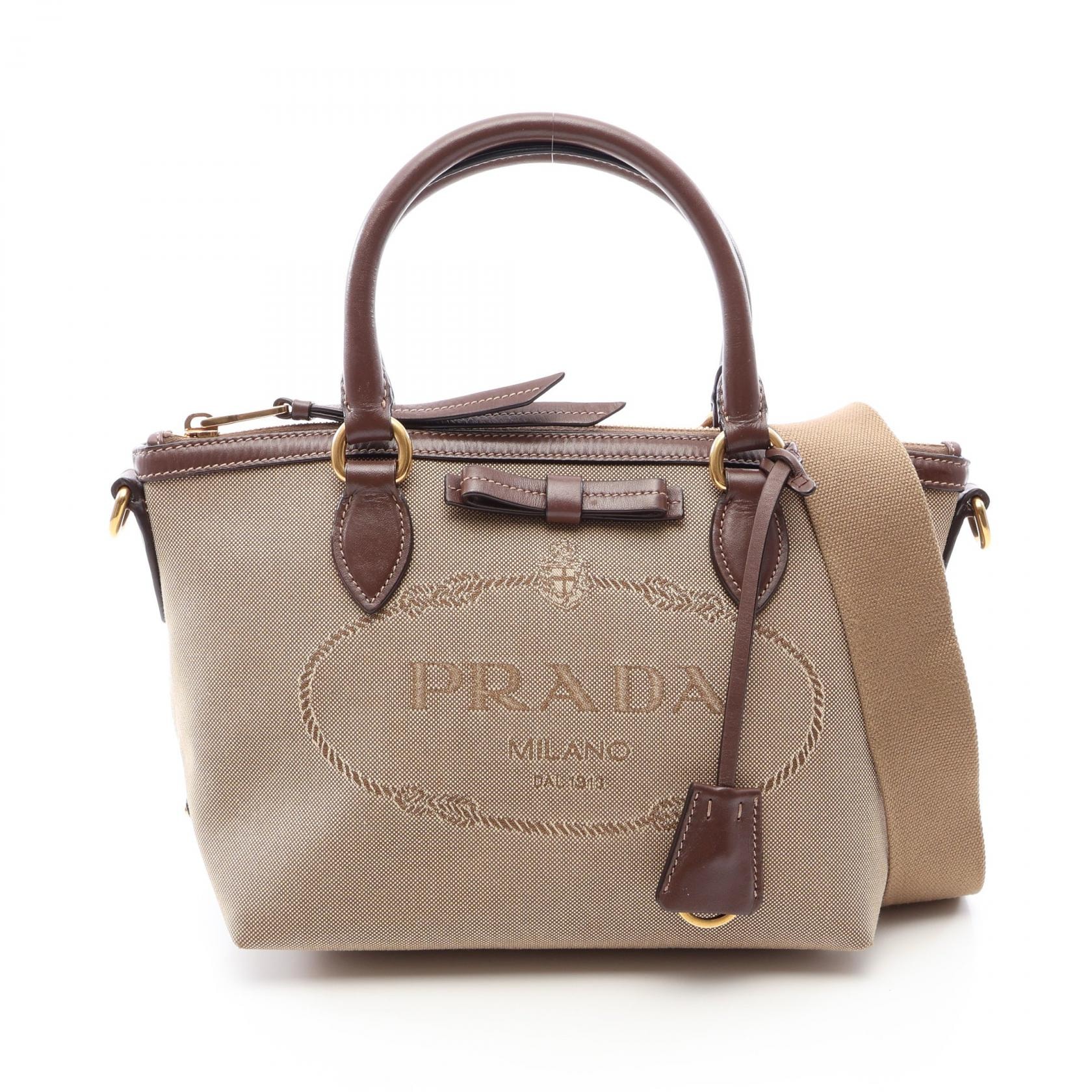 プラダ PRADA LOGO JACQUARD ロゴジャガード 2WAY ハンドバッグ バッグ キャンバス レザー レディース ベージュ系 / ブラウン系 【中古】
