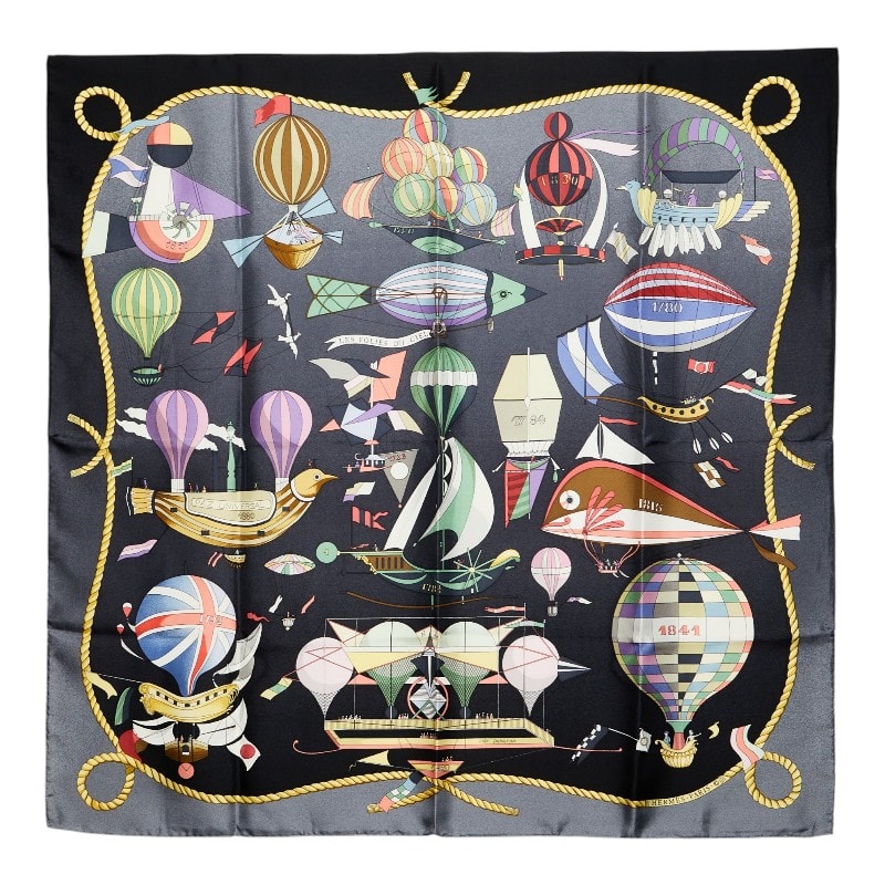 エルメス カレ90 LES FOLIES DU CIEL 大空の狂気 スカーフ ブラック マルチカラー シルク レディース HERMES 【中古】