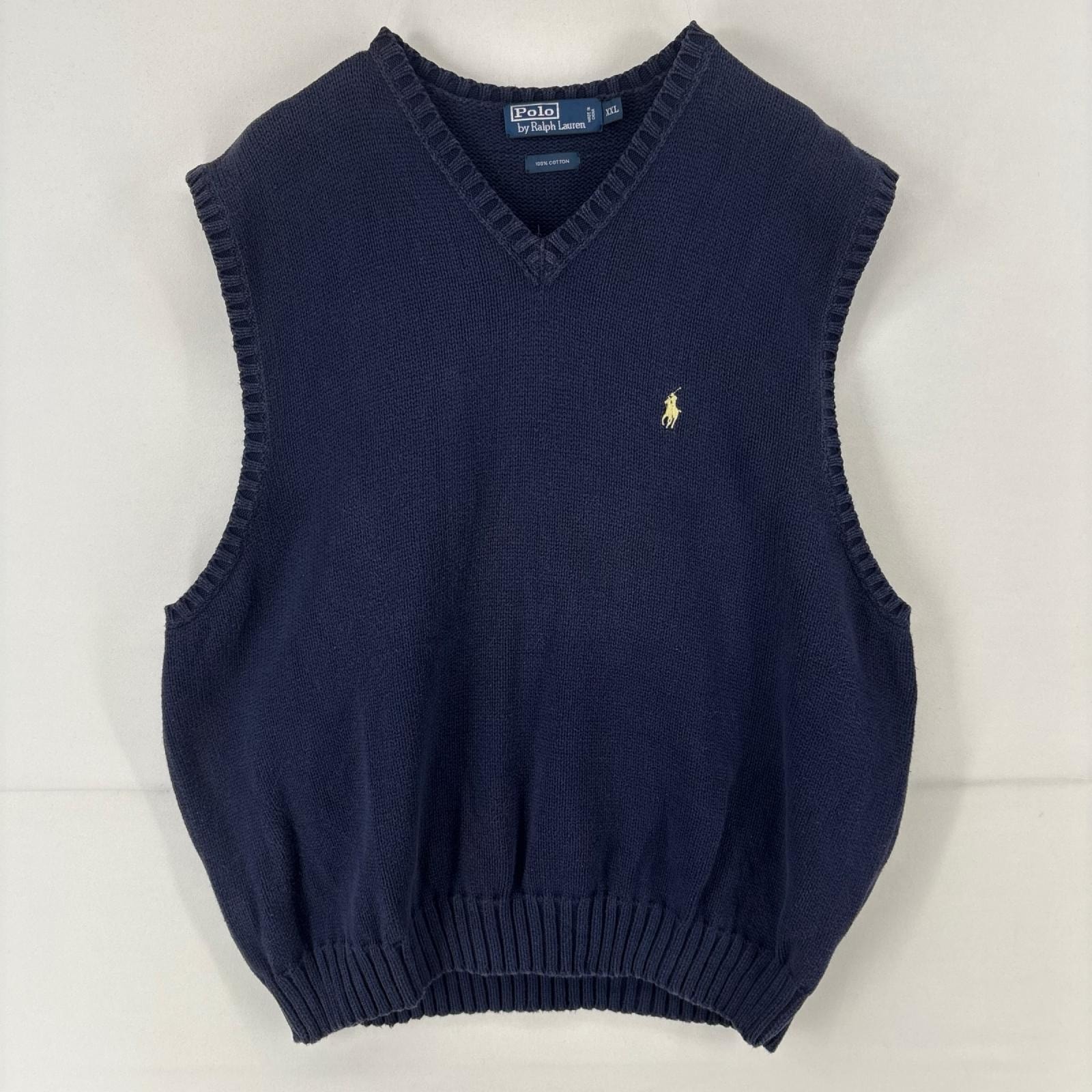 古着 ポロバイラルフローレン Polo by Ralph Lauren ベスト ニット Vネック ワンポイント 刺繍 コットン 2XL  ネイビー メンズ