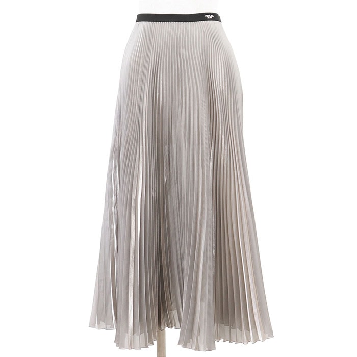 【美品】PRADA プラダ スカート プリーツ 2022年製 ロゴ ウエストゴム グリッター フレア ポリエステル100% レディース サイズ 36 シャンパンゴールド イタリア製