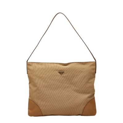 プラダ 三角ロゴプレート ワンショルダーバッグ ベージュ キャンバス レザー レディース PRADA 【中古】