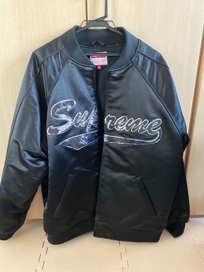 Supreme Mitchell & Ness Sequin Logo Varsity Jacket "Black"