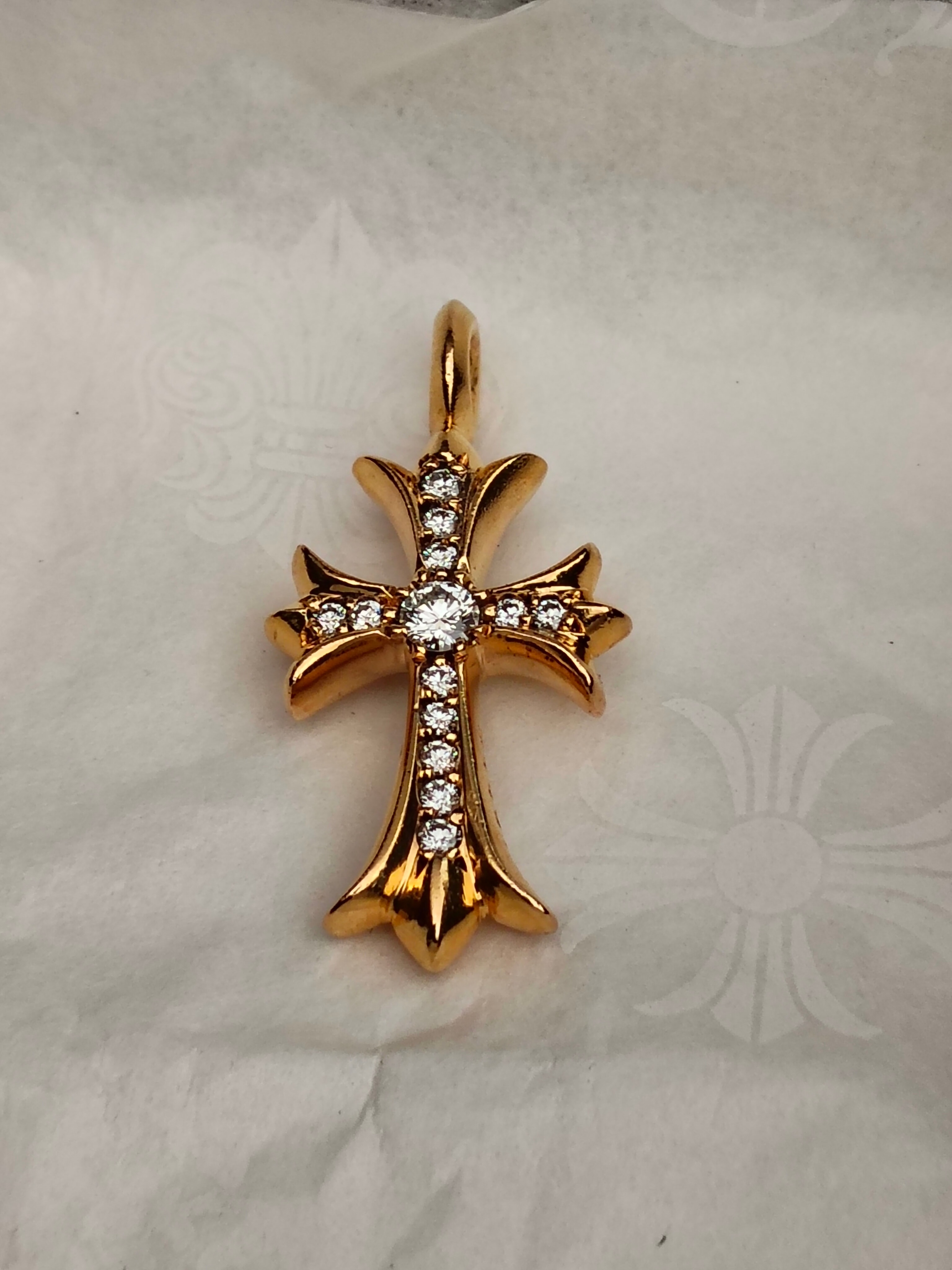 Chrome Hearts 22K Tiny Fat Cross Pave Diamond Pendant Necklace Top "Yellow Gold"