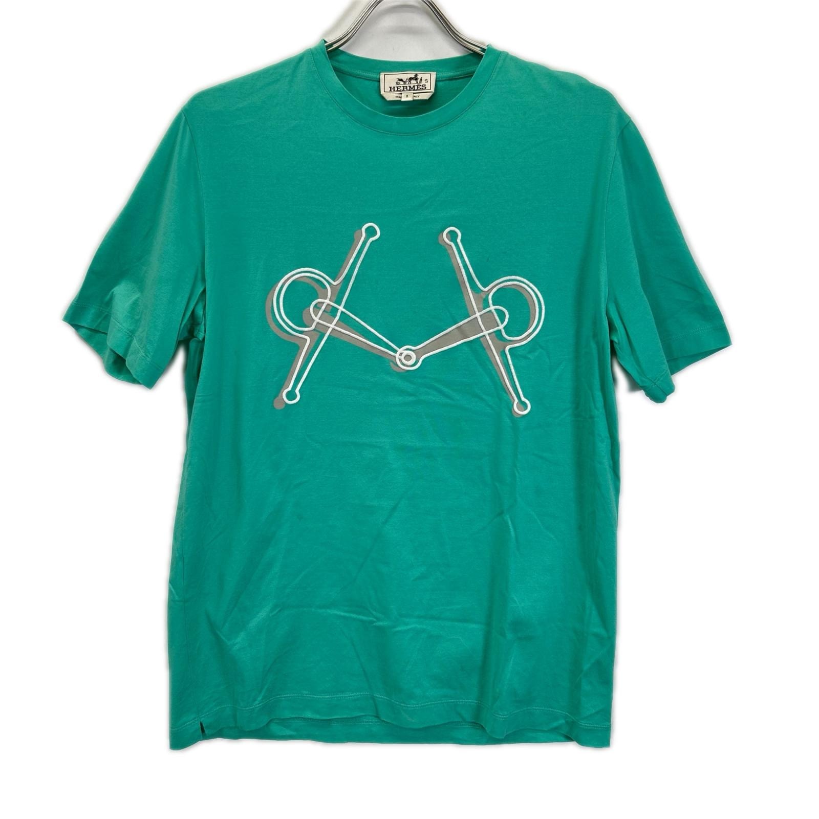 エルメス 19SS ホワイト×グリーン×グレー ソルド品 総柄 クルーネックTシャツ S