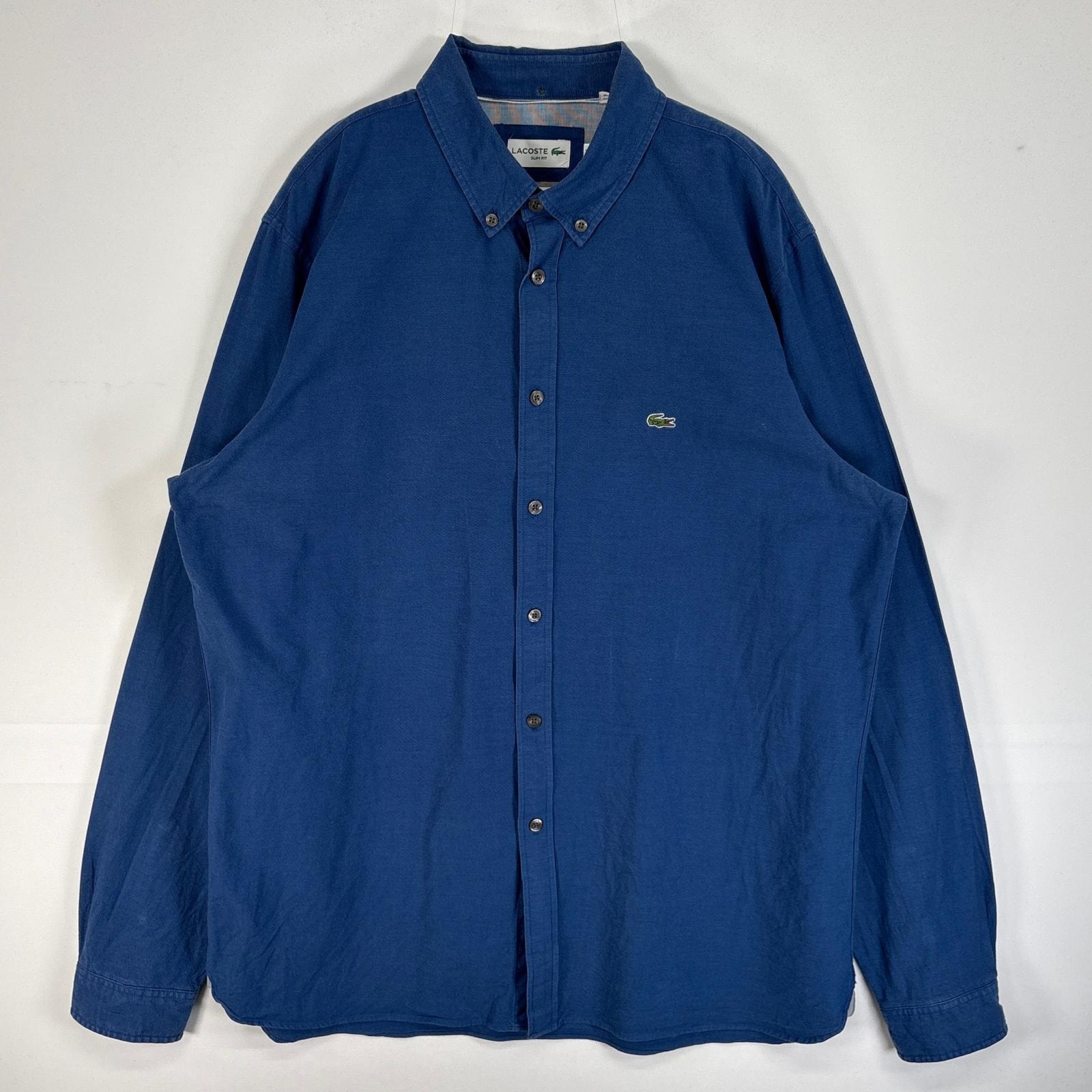 古着 ラコステ LACOSTE 長袖シャツ ロゴ ボタンダウン ストレッチ XL ブルー 無地 メンズ