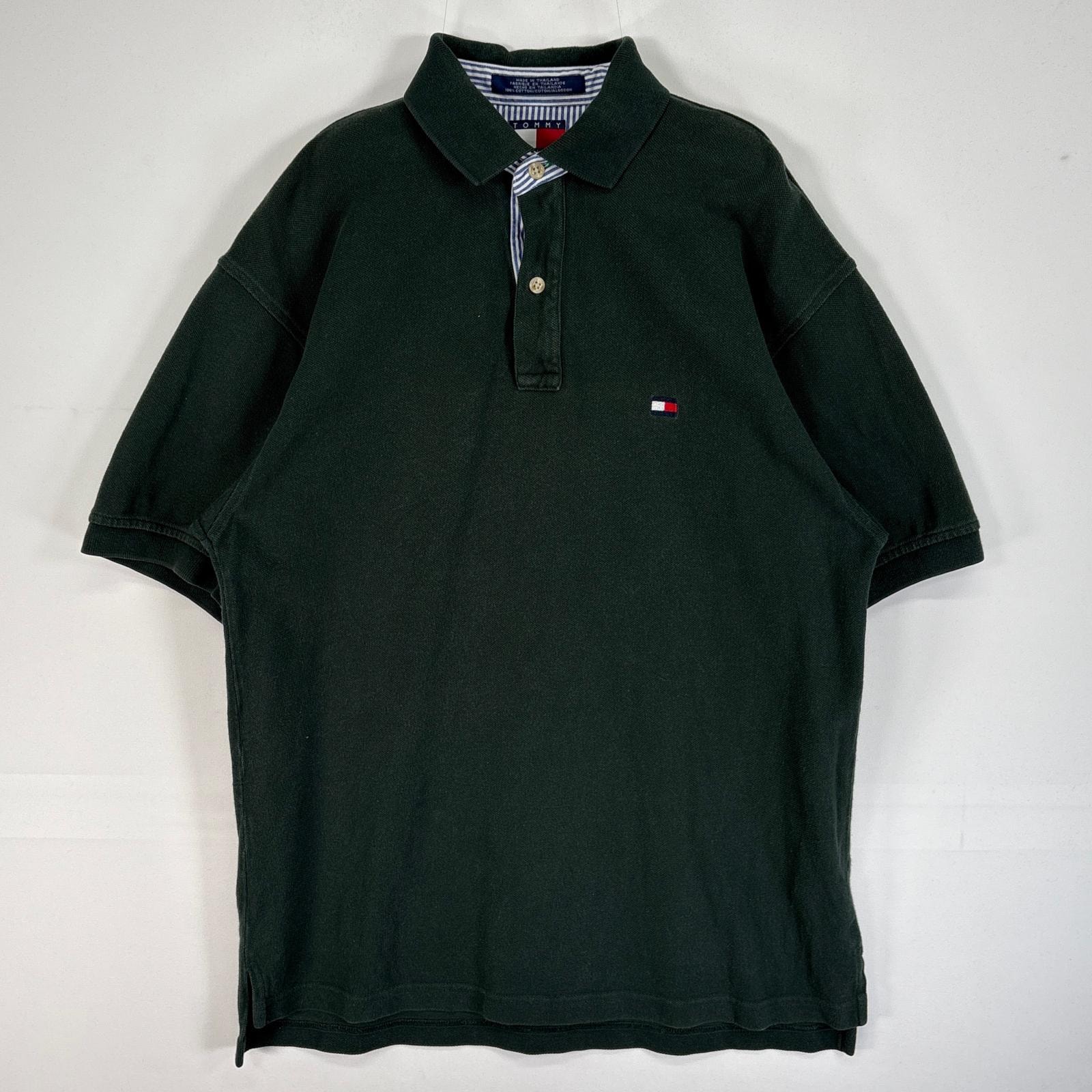 古着 90's/90年代 トミーヒルフィガー TOMMY HILFIGER 鹿の子 半袖 ポロシャツ ロゴ 刺繍 2ボタン 肉厚 S  グリーン系 無地 メンズ