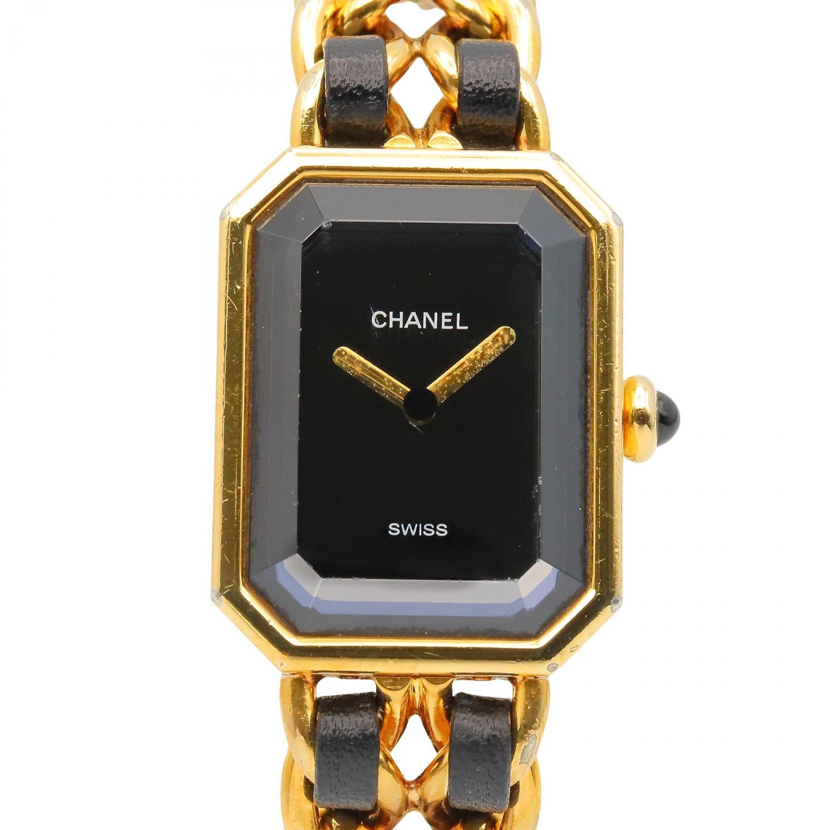 シャネル CHANEL プルミエール M 腕時計 時計 GP(ゴールドメッキ) GP(ゴールドメッキ) レザーベルト レディース ブラック系 H0001 【中古】