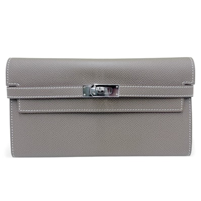 HERMES 極美品 エルメス ケリーウォレット ロング エトゥープ ヴォーエプソン Y刻印 長財布 2020年製造 レザー ベージュ グレージュ シルバー金具 ターンロック Aランク 中古 鑑定済 エルメス財布