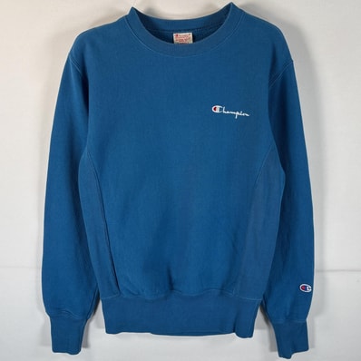 古着 チャンピオン Champion スウェット リバースウィーブ 復刻 ワンポイントロゴ ビッグロゴ刺繍 単色タグ X SMALL ブルー系 メンズ