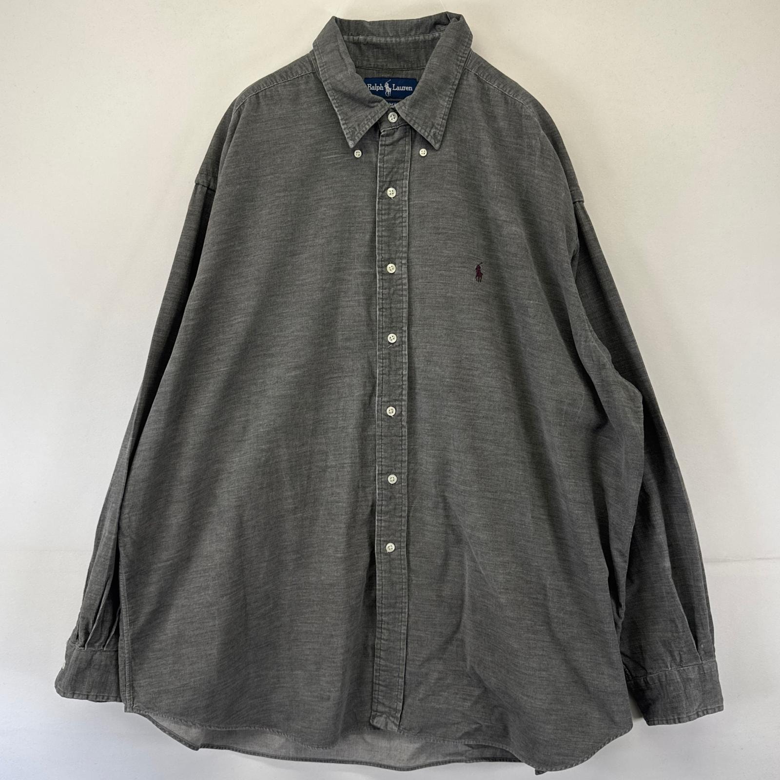 古着 ラルフローレン RALPH LAUREN コーデュロイ 長袖シャツ ボタンダウン ワンポイントロゴ 刺繍 大きいサイズ 2XL  グレー系 メンズ