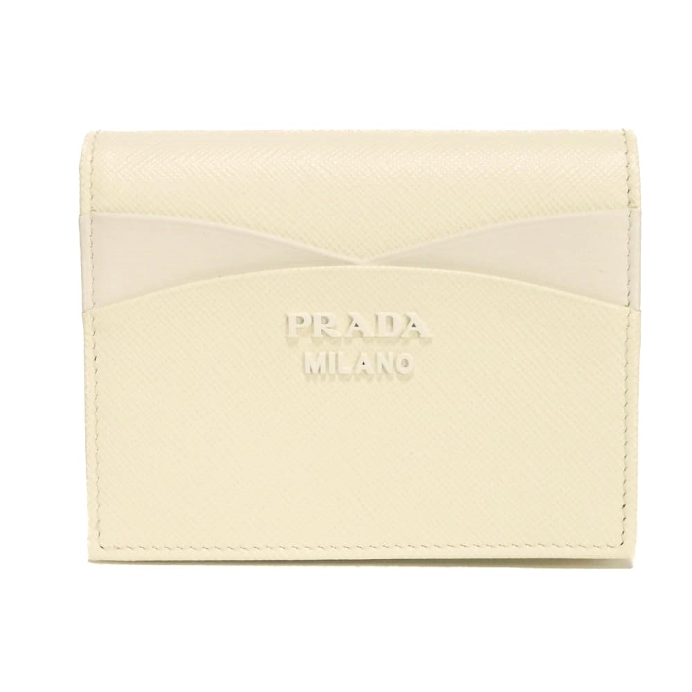 PRADA プラダ サフィアーノ ウェーブ コンパクト ウォレット スムース ホワイト スナップボタン 札入れ カードケース コインケース 美品 ロゴ メタル ビアンコ 二つ折り財布 1MV204 2DYH F0009
