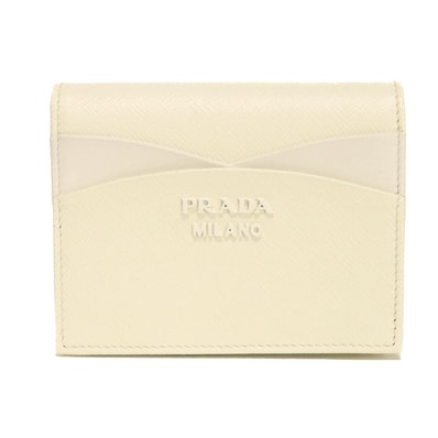 PRADA プラダ サフィアーノ ウェーブ コンパクト ウォレット スムース ホワイト スナップボタン 札入れ カードケース コインケース 美品 ロゴ メタル ビアンコ 二つ折り財布 1MV204 2DYH F0009