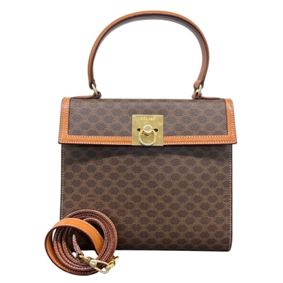 CELINE セリーヌ マカダム 2way ハンドバッグ ショルダーバッグ PVC レザー ブラウン ゴールド金具 クロスボディ トップハンドル トリオンフ タイムレス ヴィンテージ アンティーク Bランク 中古 鑑定済 セリーヌバッグ