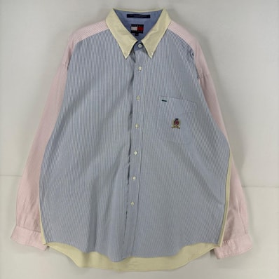 古着 90's/90年代 トミーヒルフィガー TOMMY HILFIGER 長袖シャツ ワンポイント パターンカラー 刺繍 XL ブルー系 ストライプ メンズ