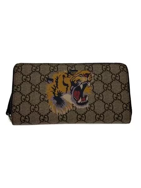 GUCCI Tiger Print GG Supreme Zip Round Wallet